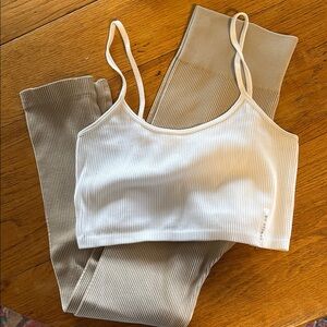 Six Stories Women's Ribbed Leggings and Crop Top Set - White and Tan